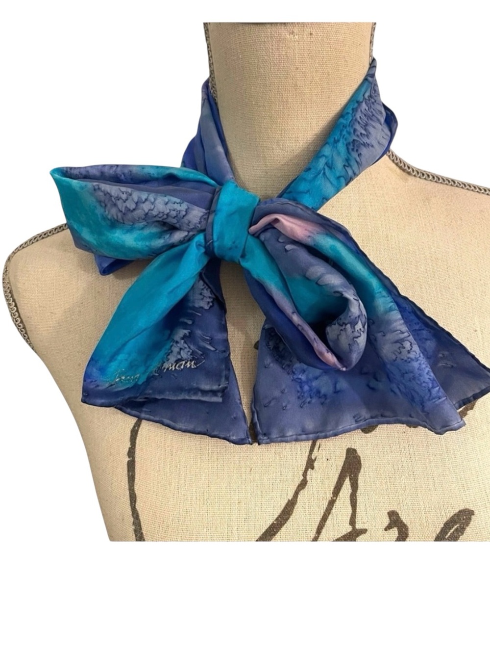 Dana Roman (Signed) Teal/Purple/Pink Hand Painted Tie Dye Silk Tie Scarf
